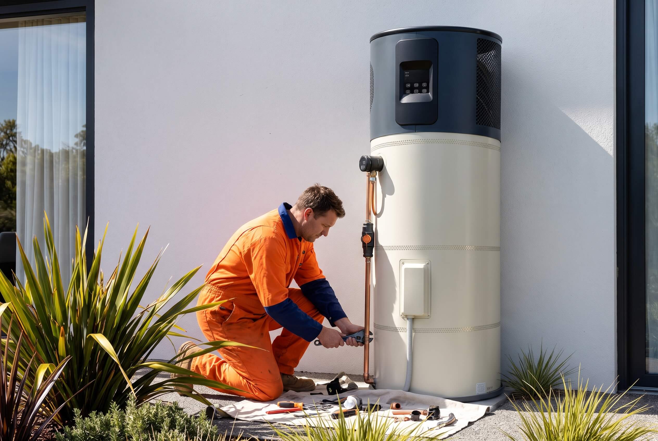 Duke's Plumbing technician servicing a heat pump hot water cylinder outside a Kapiti home