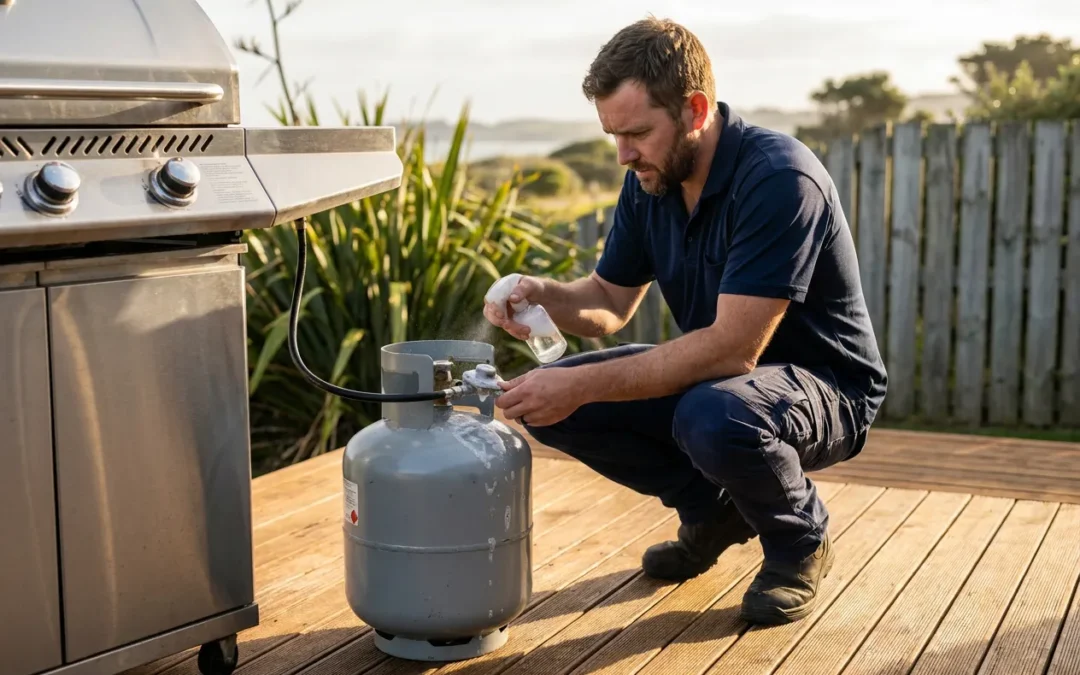 Gasfitter testing a BBQ gas cylinder connection for leaks before summer on the Kapiti Coast