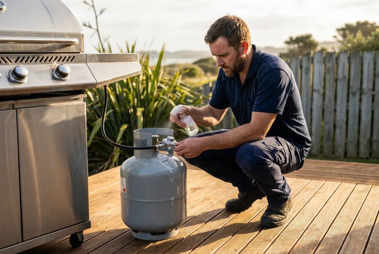 Gasfitter testing a BBQ gas cylinder connection for leaks before summer on the Kapiti Coast