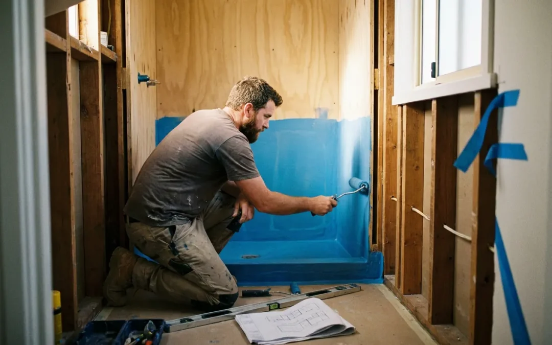 Licensed plumber applying waterproof membrane in a Kapiti Coast bathroom renovation before tiling