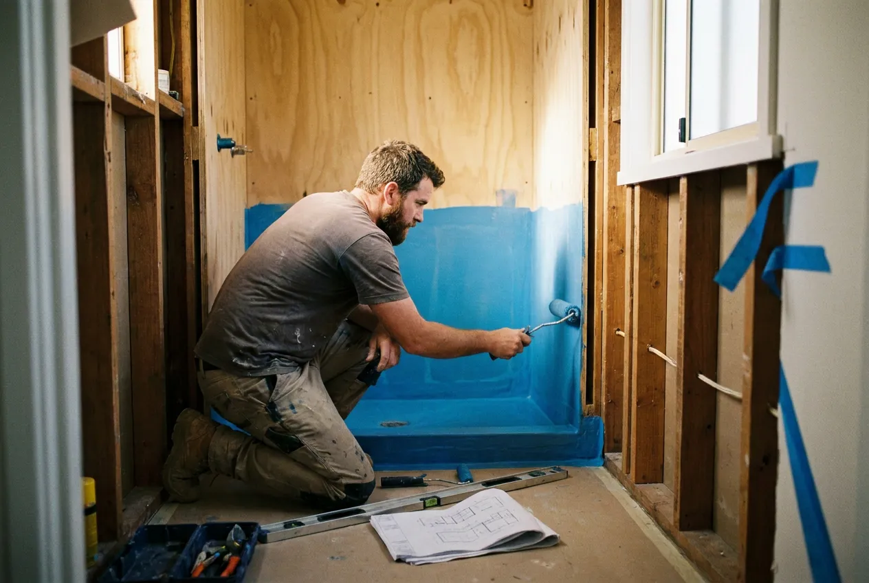 Licensed plumber applying waterproof membrane in a Kapiti Coast bathroom renovation before tiling