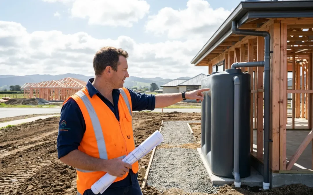 Licensed plumber explaining rainwater tank plumbing on a new build site in Levin's Tara-Ika subdivision