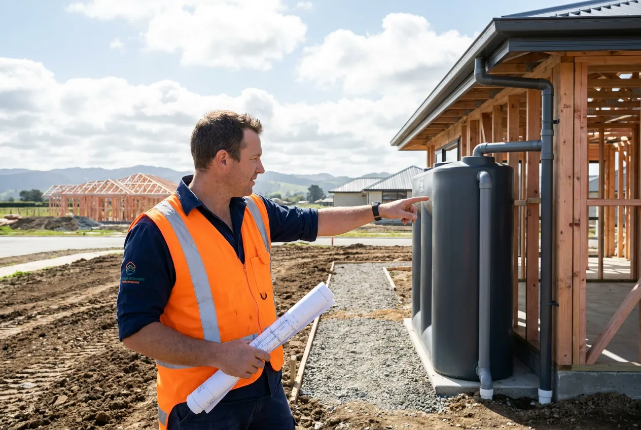 Licensed plumber explaining rainwater tank plumbing on a new build site in Levin's Tara-Ika subdivision