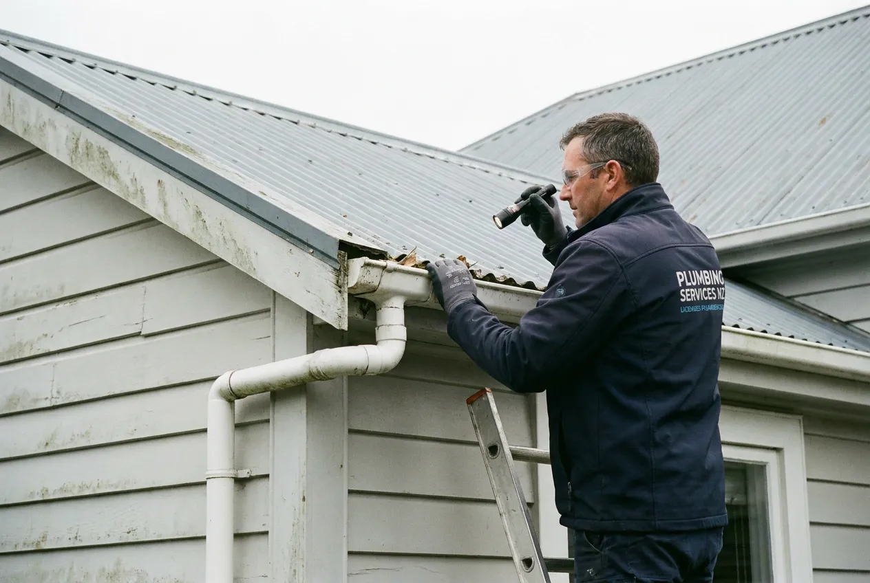 Licensed plumber inspecting guttering and downpipes for Healthy Homes compliance on a Kapiti Coast rental villa