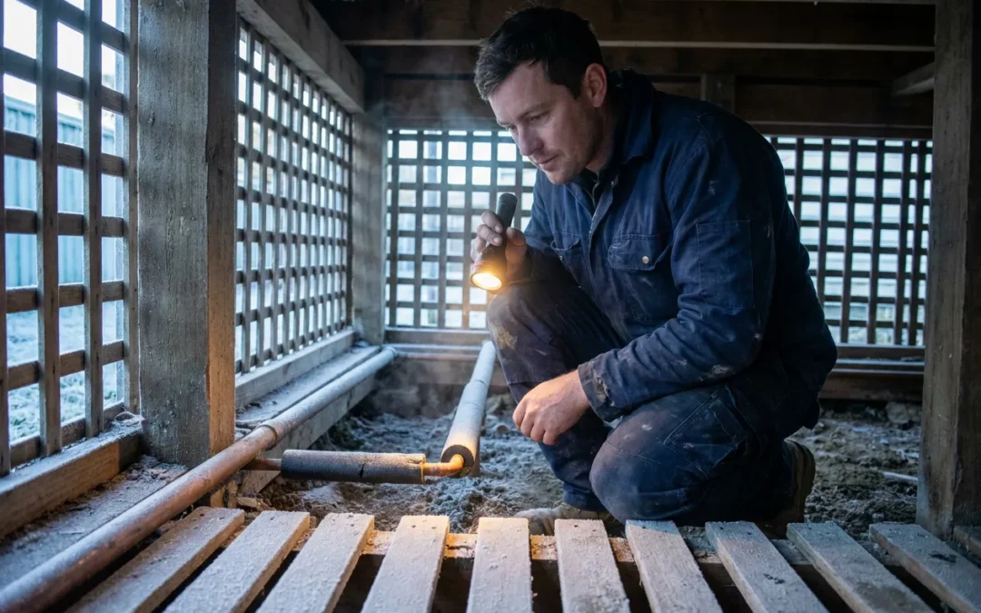 Licensed plumber inspecting insulated pipework under a Kapiti Coast villa on a frosty winter morning
