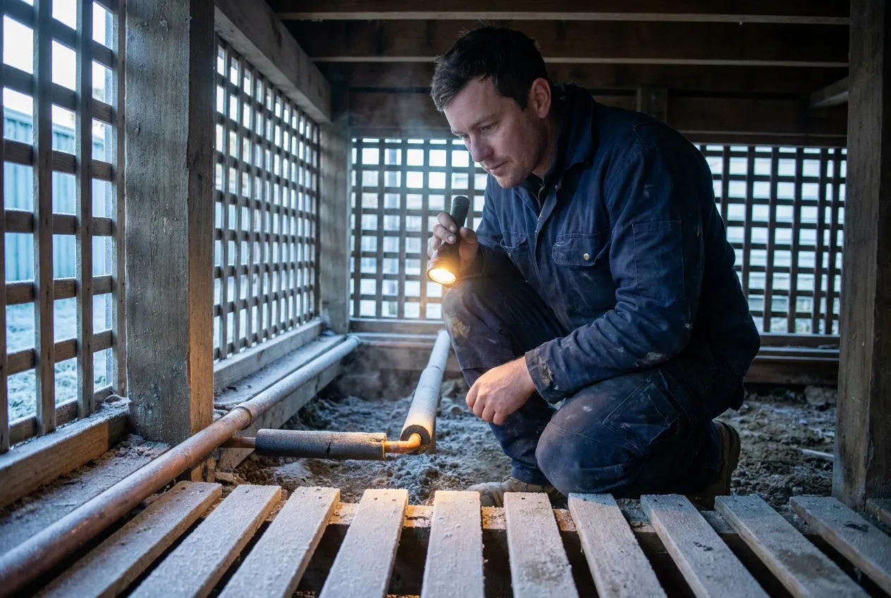 Licensed plumber inspecting insulated pipework under a Kapiti Coast villa on a frosty winter morning