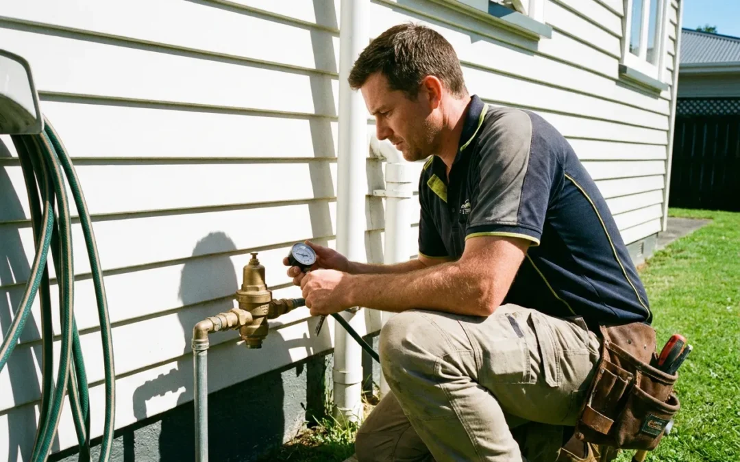 Licensed plumber testing water pressure at an outdoor valve on a Kapiti Coast property in summer