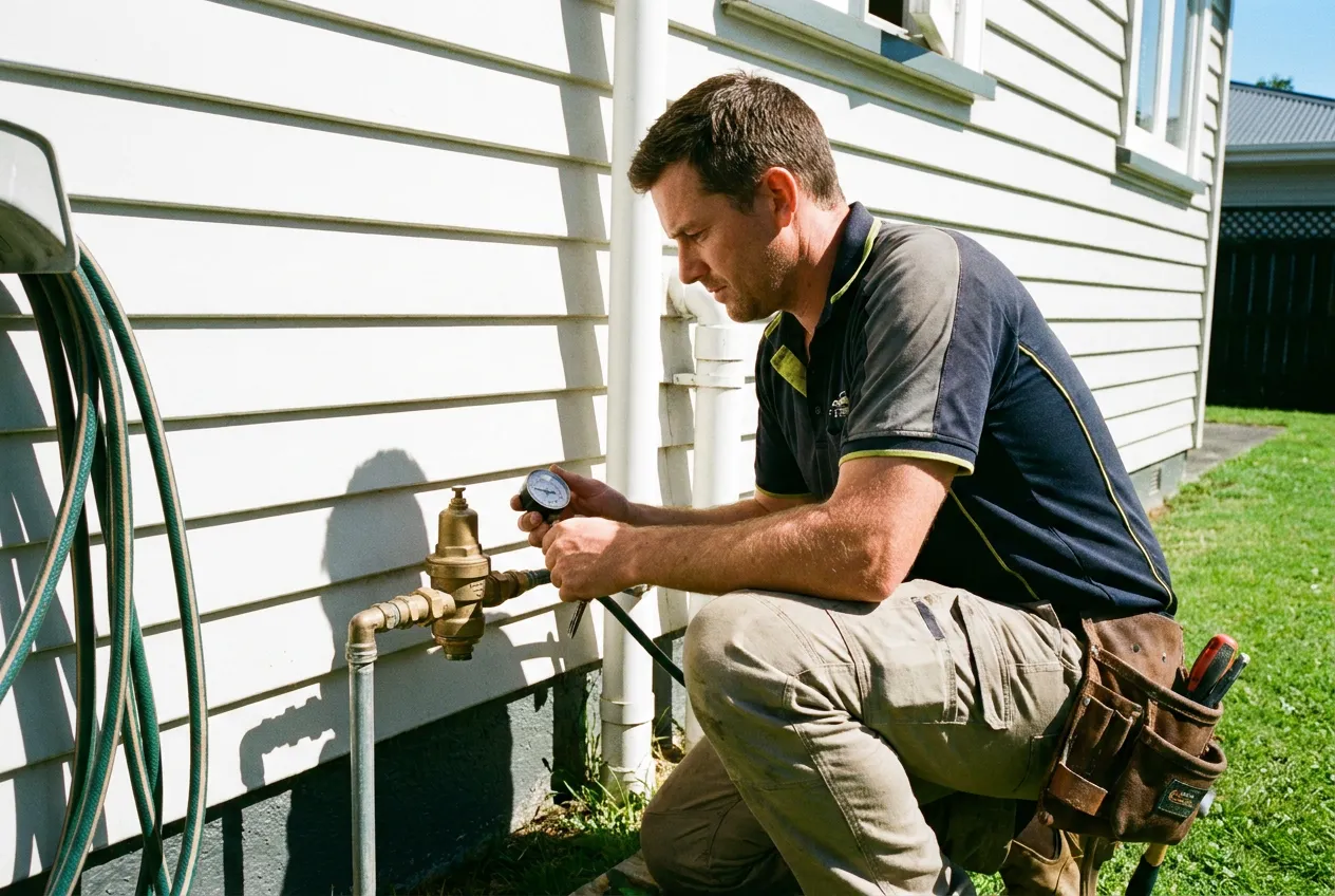 Licensed plumber testing water pressure at an outdoor valve on a Kapiti Coast property in summer