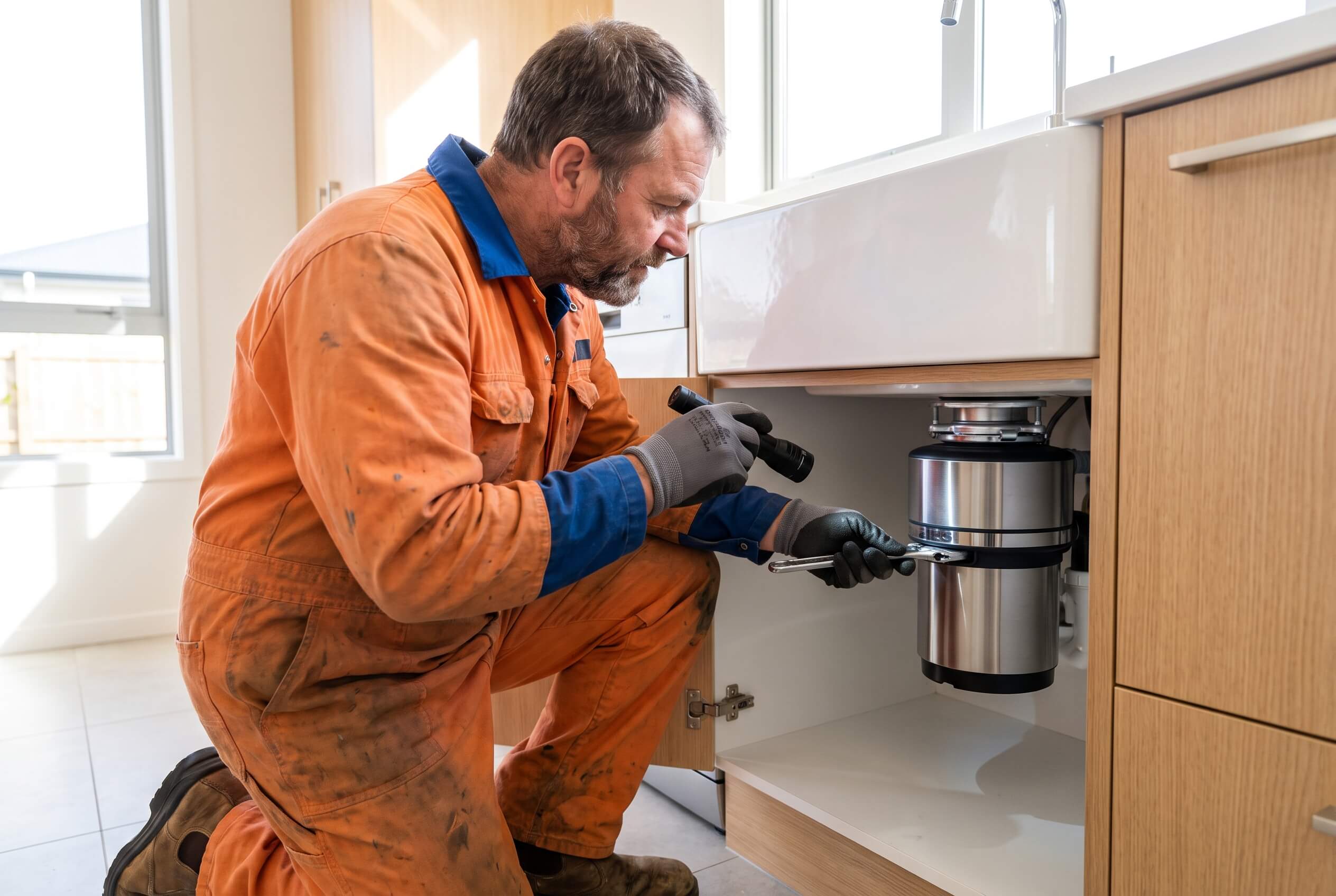 Plumber completing a garbage disposal unit upgrade in a renovated Kapiti kitchen