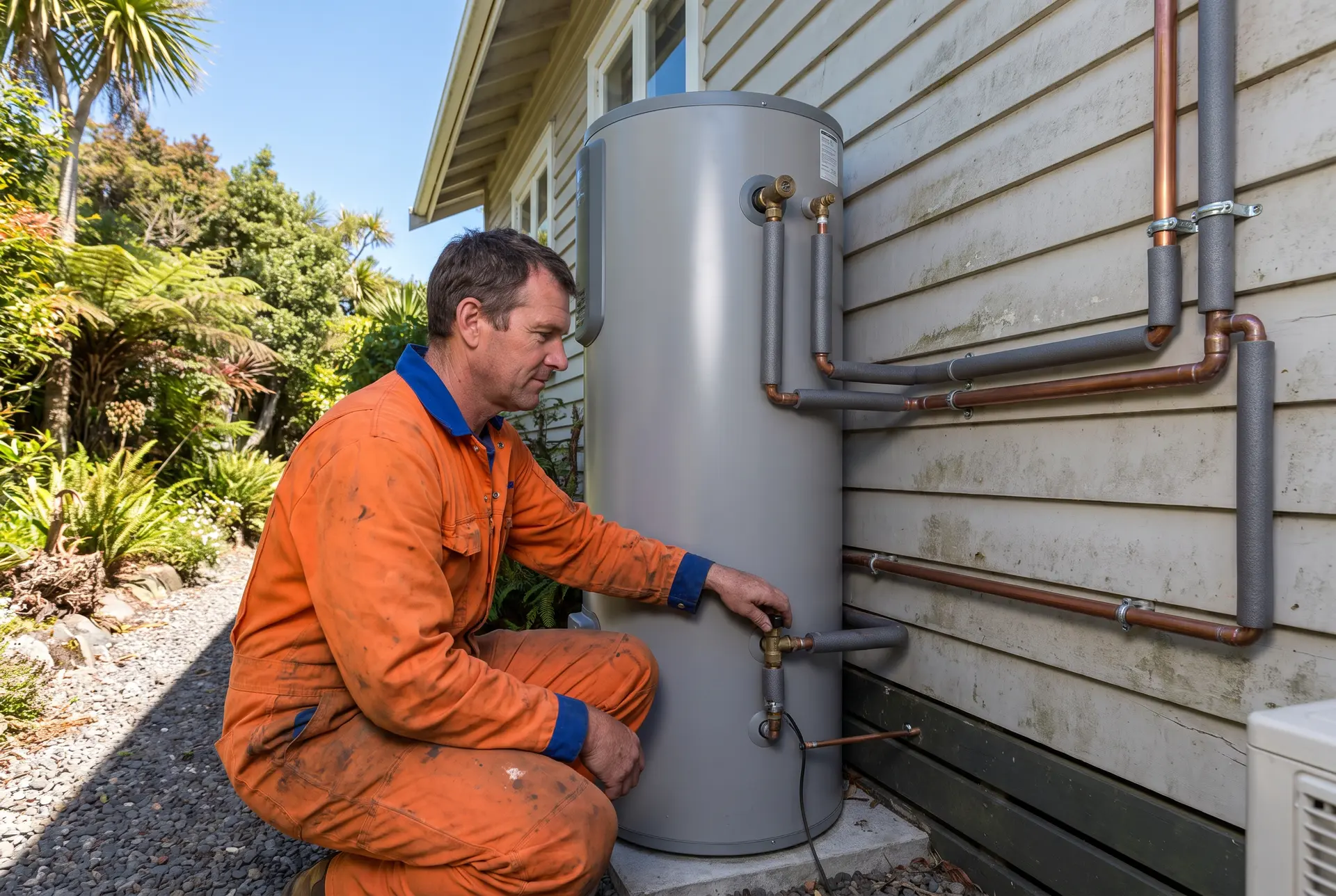Plumber completing a heat pump hot water cylinder upgrade outside a Horowhenua home