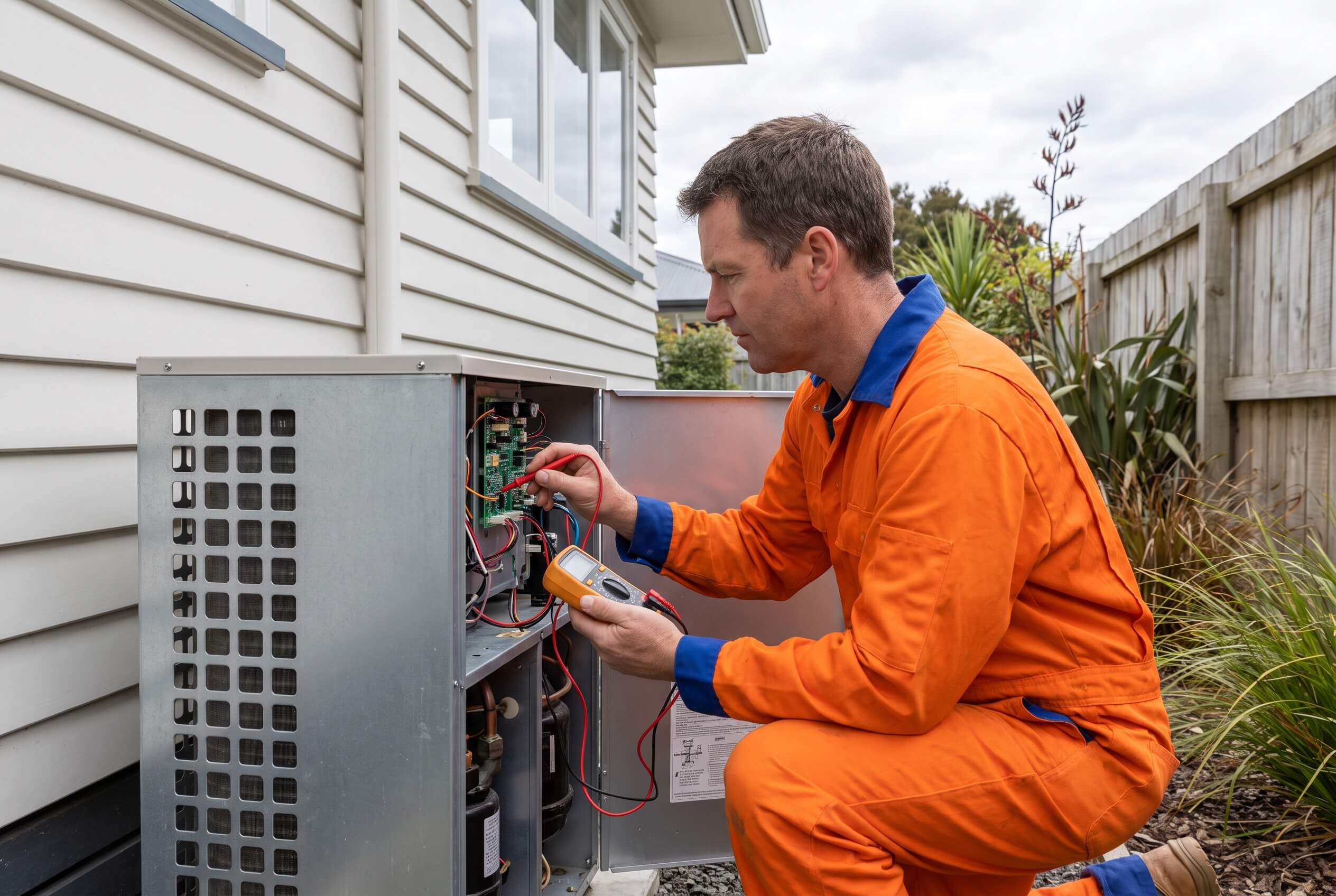 Plumber diagnosing a fault on a heat pump hot water cylinder in Horowhenua