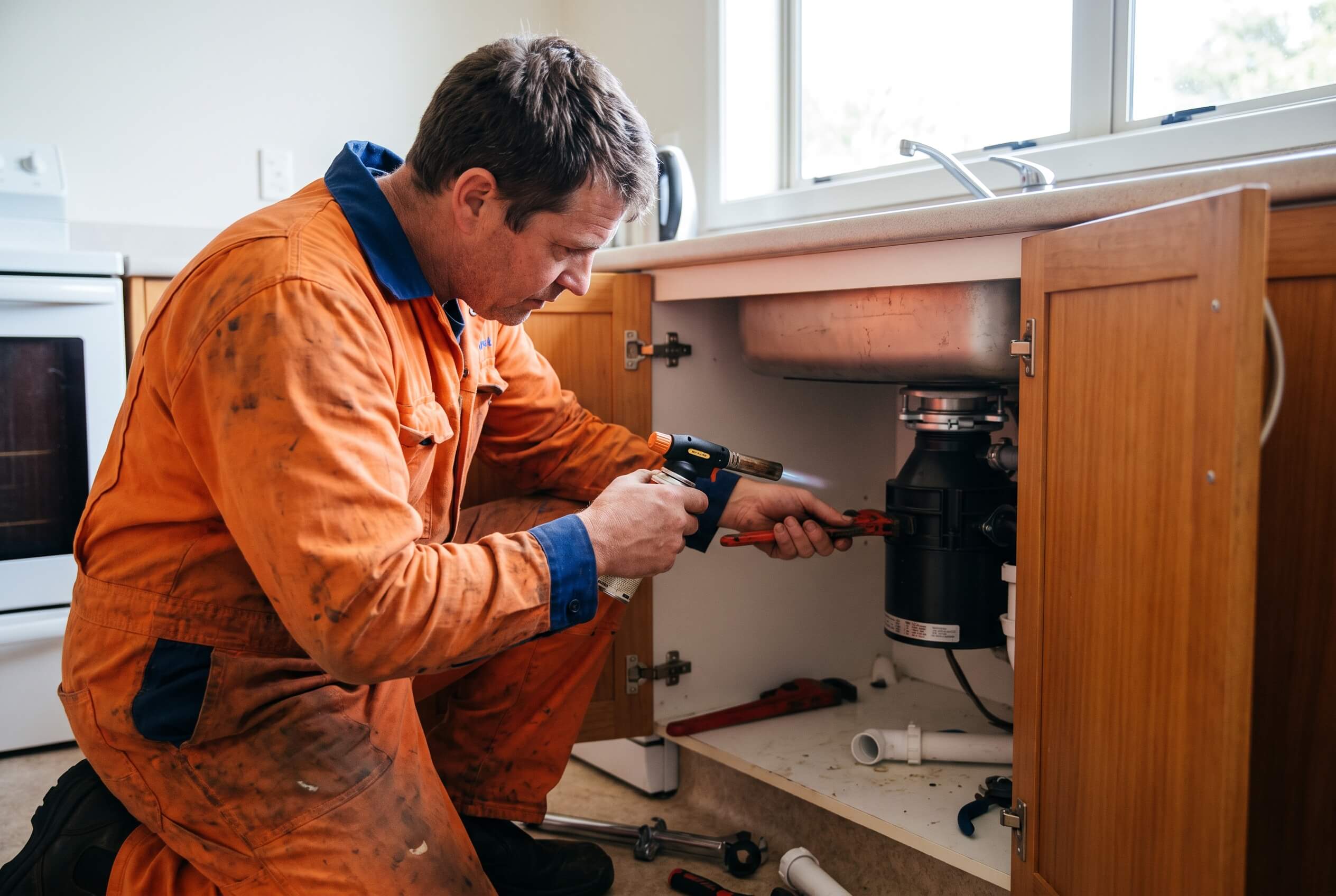 Plumber installing a garbage disposal unit under a kitchen sink in Kapiti