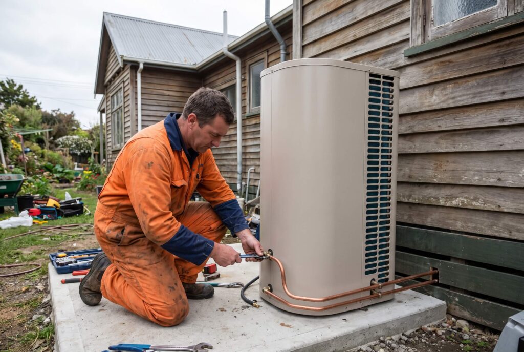Plumber installing an external heat pump hot water cylinder outside a Kapiti home