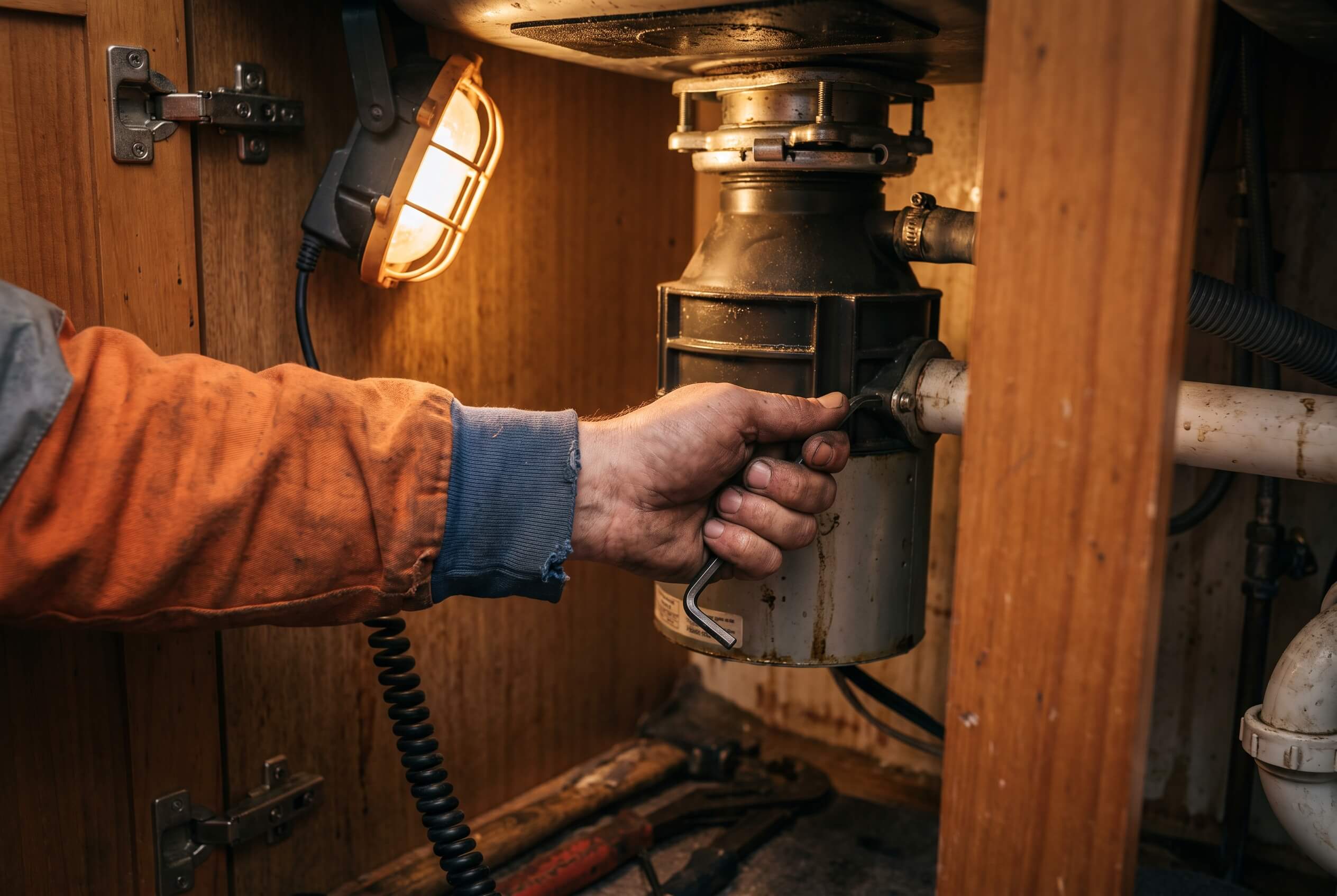 Plumber repairing a jammed garbage disposal unit in Horowhenua