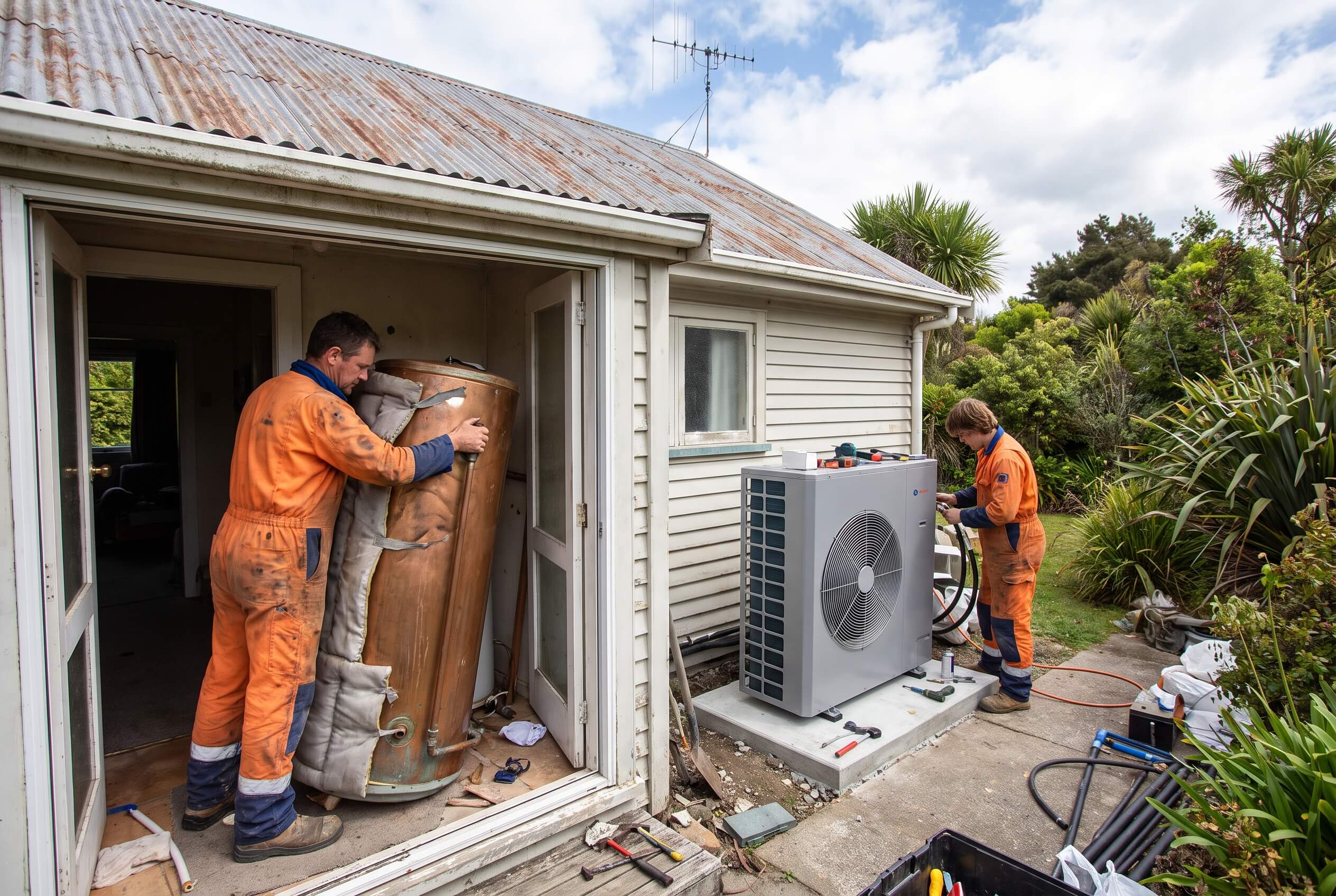 Plumber replacing an old electric cylinder with a heat pump hot water system