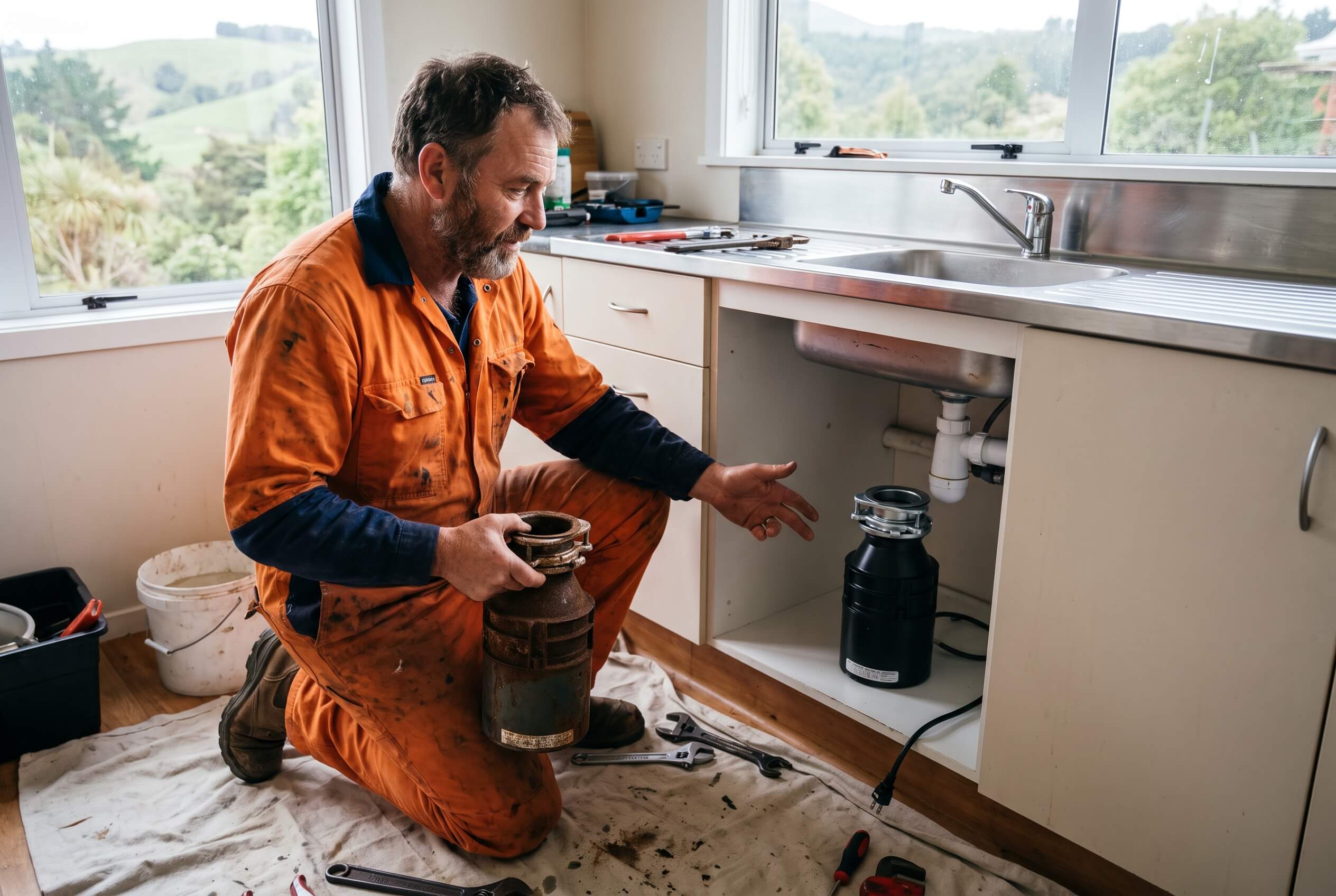 Plumber replacing an old garbage disposal unit with a new one